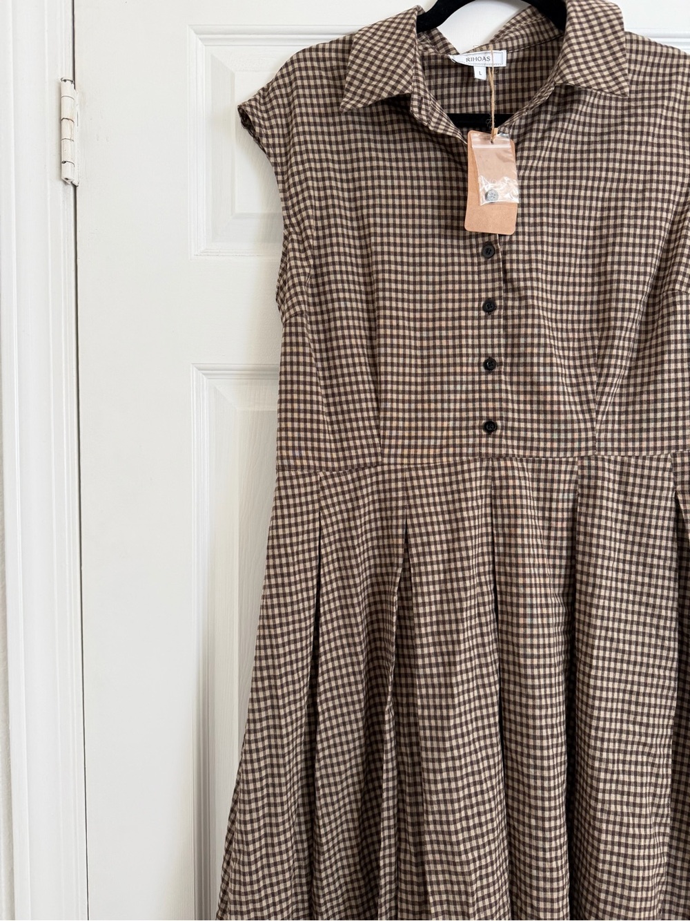 RIHOAS Brown Gingham Pleated Midi Dress NWT Size L - Picture 4 of 7